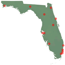 Florida map highlighting the testing locations